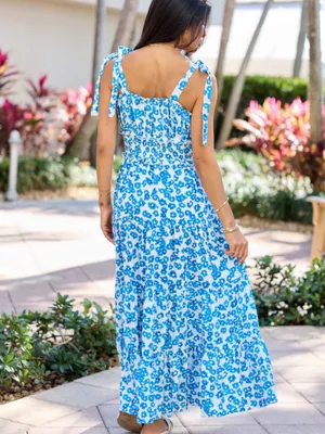 Pink Lily Blue White Floral Tie-Shoulder Maxi Dress New Sz L thumbnail 3