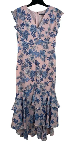 Tommy Hilfiger Pink Blue Floral Sheer Overlay Midi Dress Flutter Sleeve V-neck 6 thumbnail 1