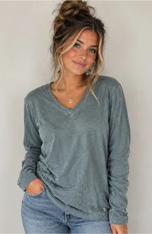 Carhartt Relaxed Fit Long Sleeve V-Neck Shirt Women’s XS Gray Blue thumbnail 1