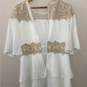 Lulus Westwind White Lace Pleated Tiered Chiffon Dress Crocheted Floral Top Sz L thumbnail 11