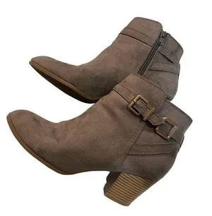 Beige Tan Heeled Booties Buckle Design Women’s Shoe Size 10 Suede Boots! thumbnail 1