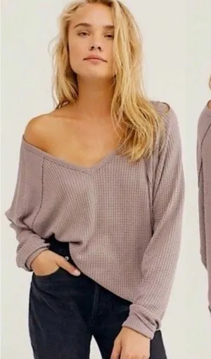 We The Free People Santa Clara V-neck Thermal Top S Oversized Gray Lavender Boho thumbnail 1