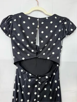 Vestique Mariselle Maxi Dress Polka Dot Lace Puff Sleeve Black White Satin thumbnail 10