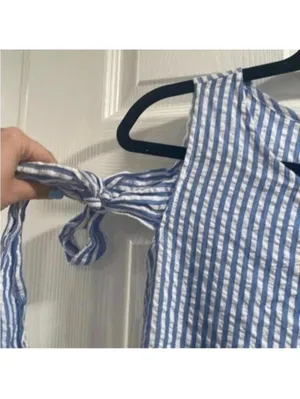 Ces Femmes Blue and White Seersucker Striped Cold Shoulder Shift Dress thumbnail 3