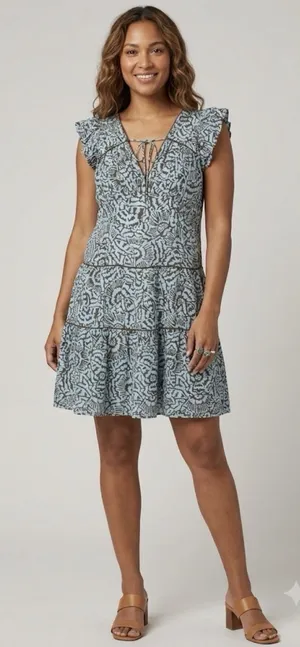 Omika Tiered Block Print Sundress Blue Brown Size Small Anthropologie thumbnail 1