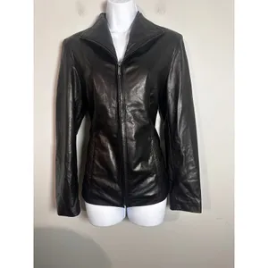 Cole Haan Womens Black Genuine‎ Lambskin Leather Wing Collar Zip Jacket Medium thumbnail 4