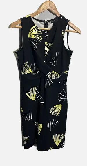 Ann Taylor Sheath Dress Womens 2 Black Yellow Ginkgo Leaf Twist Front Workwear thumbnail 1