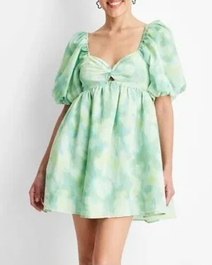Future Collective Women's Size S Green Tie-Dye Puff Short Sleeve Dress thumbnail 1
