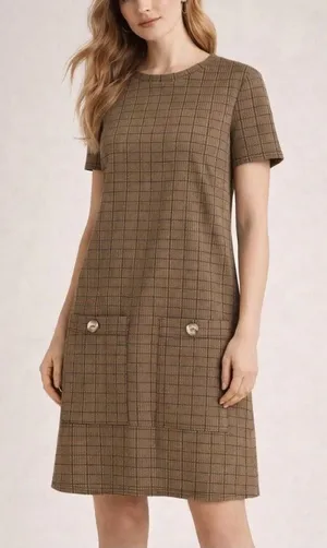 Zara Brown Plaid Short-Sleeve Shift Dress thumbnail 1