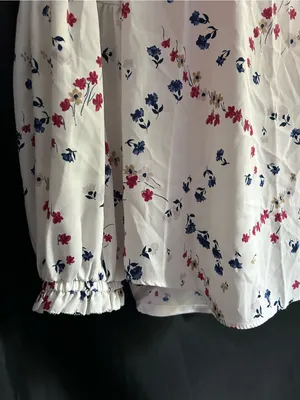 Ann Taylor White Floral Bell-Sleeve Blouse Red, Navy & Tan Print LG thumbnail 4