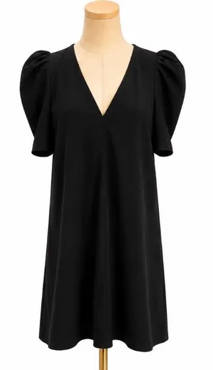 Zara Black Puff Sleeve Mini Dress Size M V Neck A-Line Shift Lined thumbnail 1