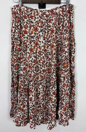 Cynthia Rowley Tiered Midi Skirt Womens Large Orange Floral Boho Cottage Crinkle thumbnail 1