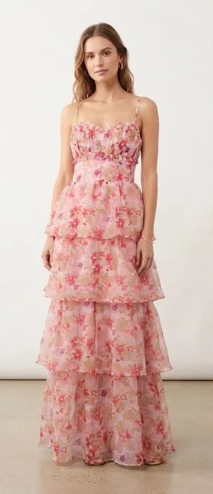ASTR the Label Pink Coral Floral Tiered Ruffle Maxi Dress XS thumbnail 1