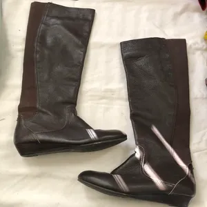 Antonio Melani Brown genuine leather riding knee-high boots 1” heels wedges gold accents - Size 7.5M - #streetwear #whimsygoth #minimalist #western #preppy thumbnail 1