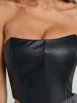 Showpo Black Faux Leather Lorin Strapless Cropped Corset Top Sz 14 NWT thumbnail 1