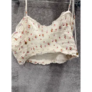 Free People Crop Top Womens S White‎ Floral Smocked Ruffle Boho Summer Tank thumbnail 6
