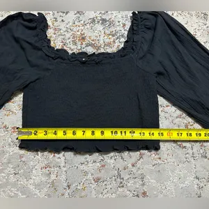 AERIE Smocked Puff Sleeve Square Neck Black Crop Top Size Medium 100% cotton thumbnail 8