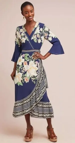 Farm Rio Anthropologie Midnight Flower Wrap Dress Blue Floral Cottage Small thumbnail 1