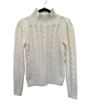 Ann Taylor Chunky Cable Knit Mock Neck Puff Sleeve Sweater Preppy White XS thumbnail 5