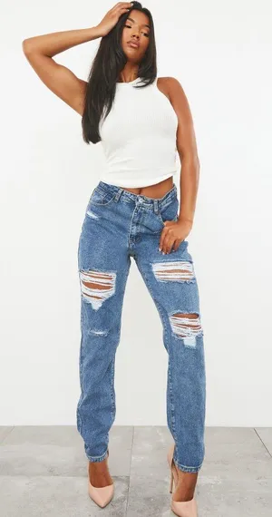 PRETTYLITTLETHING Mid Blue Ripped Mom Jeans thumbnail 1