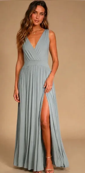 Lulus NWT Women XS Pale Dusty Blue Jersey Knit Surplice Slit Maxi Dress thumbnail 1