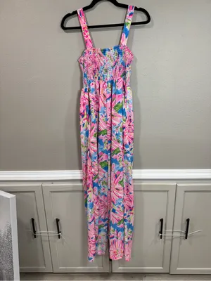 Smocked Floral Wide-Leg Jumpsuit in Pink & Blue thumbnail 6