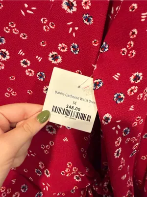 Red Floral Tie-Waist Entro Dahlia Gathered Waist Women's Dress NWT thumbnail 3