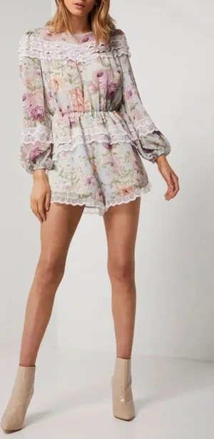 ELLIATT Karishma Romper with Lace Trim in Floral Watercolor thumbnail 1