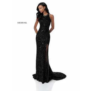 Sherri Hill 51430 Black Sequin Halter Gown Open Back High Slit‎ NWT Size 0 thumbnail 3