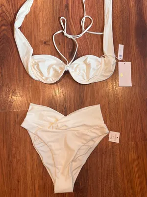 Caroline Constas Ivory Bikini Set NWT High Waist Ruched Bottom Underwire Top thumbnail 3