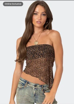 Edikted Leopard Printed Sheer Mesh Tube Top thumbnail 1