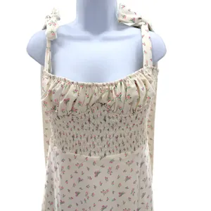 House of CB Gianna Cream Pink Floral Smocked Tie Shoulder Mini‎ Dress Milkmaid L thumbnail 3