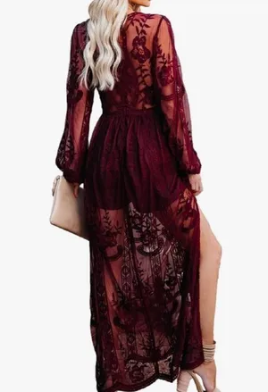 Mesh Lace Overlay Long Sleeve Maxi Dress Maroon Large thumbnail 2