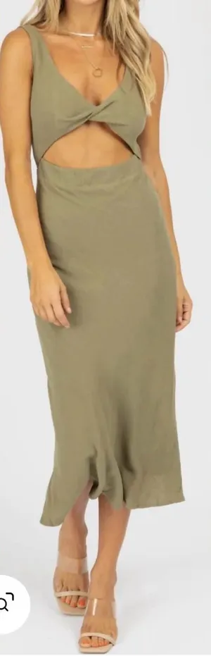 MABLE Cotton Open Front Twist Midi Dress In Olive Size Medium thumbnail 1