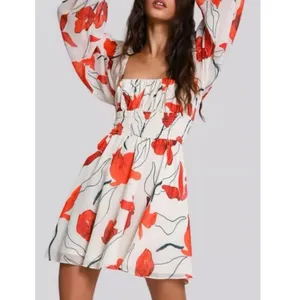 Hutch Bertie‎ Red Poppy Chiffon Mini Dress Square Neck Long Sleeve Size M NWT thumbnail 2