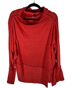 Free People We The Free Red Ribbed Cowl Neck Thermal Top Oversized Med Boho‎ thumbnail 1