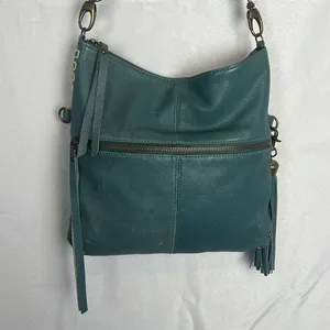 Lucky Brand Teal Leather Foldover Crossbody Hobo Bag Boho Fringe Distressed thumbnail 11