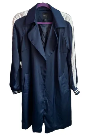 Belle Vere Navy Blue Belted Trench Coat Jacket Unique‎ Sleeves Satin Feel Sz S thumbnail 1