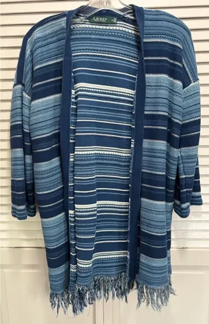 Lauren Ralph Lauren Open Cardigan Wide Sleeve Knit Size M Blue Fringe thumbnail 1