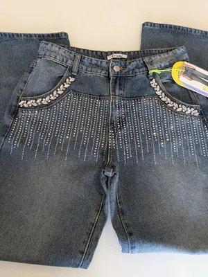 Rhinestone Embellished Wide Leg Jeans Dark Wash Bling Denim Size M thumbnail 11