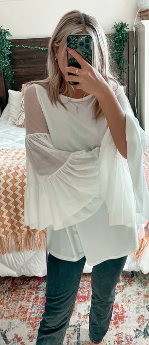 Dillard's White Longsleeve With Flowy Mesh Sleeves thumbnail 2