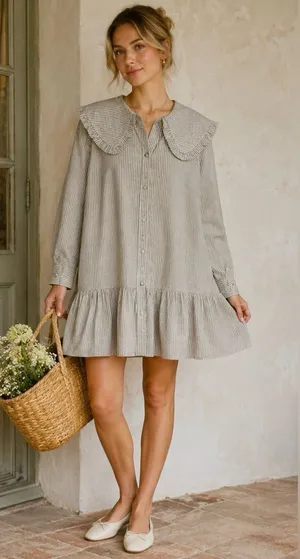 Heyson Dôen Inspired Stripe Babydoll Mini Dress Cottagecore Praire Collared |M thumbnail 1
