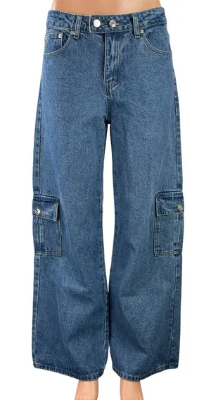 Edikted Women's Blue High Rise Baggy Wide Leg Cargo Denim Jeans Pants Size M thumbnail 1