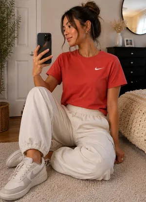 Nike Women's Coral Short Sleeve Tee with White Swoosh thumbnail 1