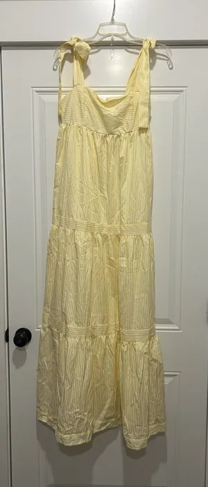 Yellow White Striped Tiered Maxi Tie Straps Maxi Dress Size Medium Brunch Girly thumbnail 1