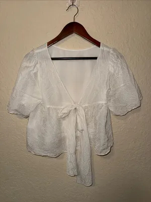Club Monaco Ivory Tie-Front Puff Sleeve Blouse silk size small tie back thumbnail 2