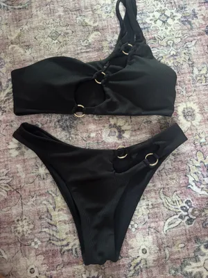 SHEIN Black Bathing Suit Set with Gold Detail One Shoulder thumbnail 1