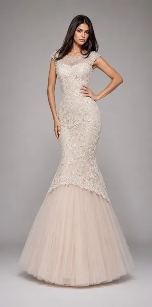 Sherri Hill 51114 Ivory‎ Lace Mermaid Gown – Beaded Cap Sleeve Formal Dress Sz 4 thumbnail 1