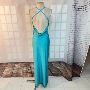 Blashe NWT Turquoise Halter Stretch Satin Crisscross Open Back Long Gown Medium thumbnail 5