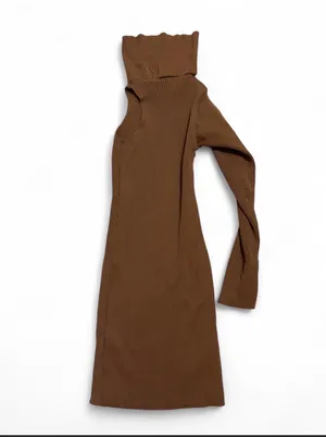 Nasty Gal brown one sleeve turtle neck ribbed knit midi bodycon dress thumbnail 3